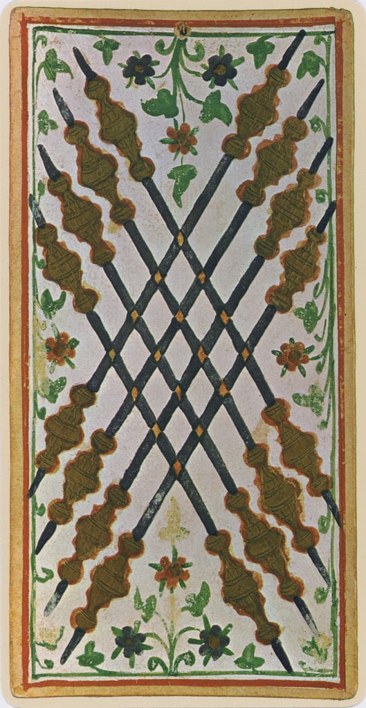 Die Acht der Stäbe, Faksimile einer TarotKarte vom Deck Visconti, 144147